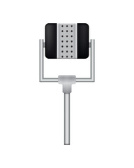 Microphone. Recorder or dictaphone for reporters. Record for multimedia. Audio podcast broadcast or music record technology. Broadcasting concert equipment