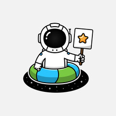 Cute astronaut swimming with rubber ring 