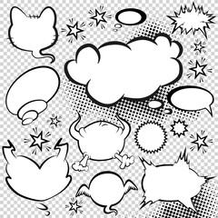 Comic style speech bubbles collection. Speech balloons and elements set with halftone shadows. Funny vector design elements