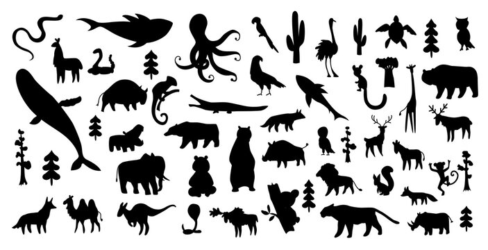 Cute animal vector illustration icon set isolated on a white background. Hand drawn animals. Icons for children with lots of animals bear elephant whale monkey giraffe. America, Europe, Asia, Africa