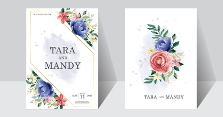 wedding invitation card floral design with blue and pink peony flower