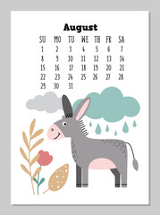 Calendar with a cute grey donkey, clouds, rain and leaves for August 2021. Planner template in trendy doodle and Scandinavian style. Vector illustration.