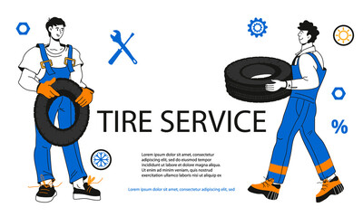 Tire service or car repair garage advertising banner or flyer template with car mechanics cartoon characters. Tire workshop service banner design in simple style flat vector illustration.