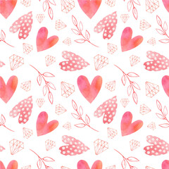Seamless watercolor pattern for valentine's day. Festive romantic background. Hearts, pink tones.
