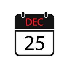 Black Calendar icon 25 December, flat design icon for apps and websites