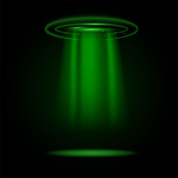 Green Rays Of Light From The Circle. UFO Spaceship Green Light Beam Illustration On Black Background.