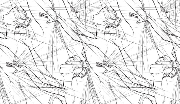 Black and White Seamless Pattern of Ballerinas, Freehand Drawing. Psychedelic Monochrome Background. Vector Illustration of Ballet Dancers Girls. Design for Fabric, Lace or Wallpaper. Fashion Print.
