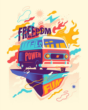 Colorful abstract illustration with retro van car and typography. Vector illustration.