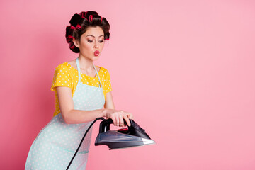 Photo of cute girl ironing copyspace lips pouted wear yellow skirt isolated over pastel color background