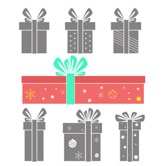 Set of vector holiday gift boxes with a color in the center, isolated on a white background