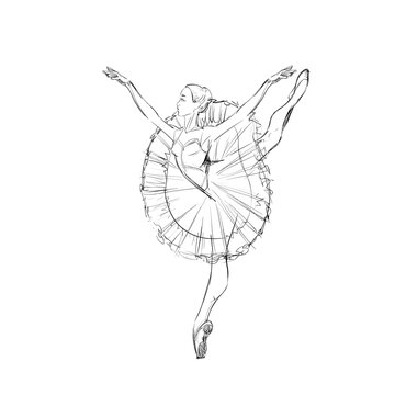 A Young Ballerina. Freehand Drawing of a Ballet Dancer Girl. Vector Illustration of a Dancing Woman. Monochrome Sketch of a Dancing Jump. Classical Choreography Style. Free Hand Draw. Realistic Style.