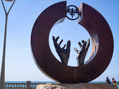SITGES, SPAIN-JULY 18, 2020: Bacardi sculpture by Lorenzo Quinn