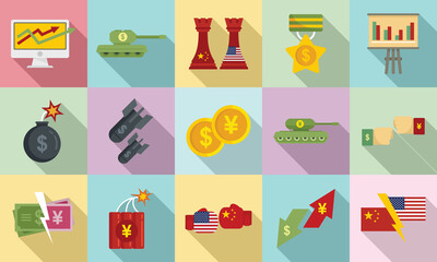 Trade war icons set. Flat set of trade war vector icons for web design