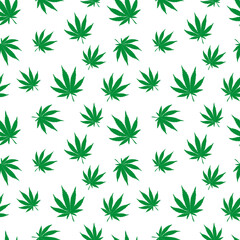 Cannabis plant vector seamless pattern. Simple stylized marijuana leaves on white background, vector illustration