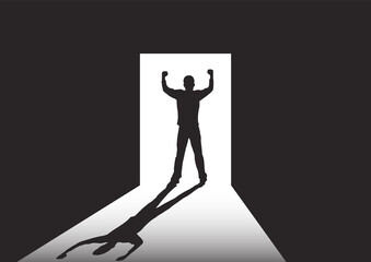 Silhouette of man standing at the door in the dark room with fists raised up facing the light, success, achievement and winning concept vector illustration