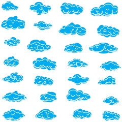 White cartoon clouds set isolated on white background. Collection of different cartoon clouds for background template, wallpaper and sky design. Cartoon clouds vector. Sky illustration