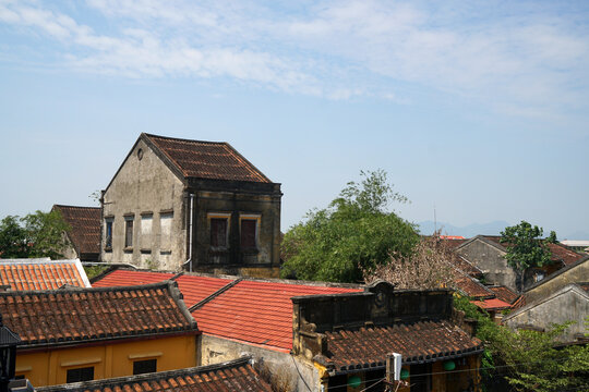 Cityscape of Many rooftop and traditional yellow house of hoi an ancient old town is UNESCO World Heritage Sites at Hoi an Vietnam Central