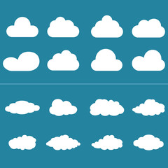 White cartoon clouds set isolated on blue background. Collection of different cartoon clouds for background template, wallpaper and sky design. Cartoon clouds vector. Sky illustration