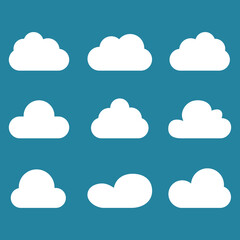 White cartoon clouds set isolated on blue background. Collection of different cartoon clouds for background template, wallpaper and sky design. Cartoon clouds vector. Sky illustration