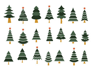 Set of different fir trees. Tree Merry Christmas Icon. Vector template for design, greeting card, invitation. Happy New Year concept. Vector illustration. Festive Christmas trees.