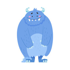 Toothy Blue Monster with Horns Standing and Smiling Vector Illustration