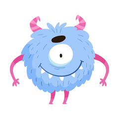 Blue Monster with Teeth and Horns Standing and Smiling Vector Illustration