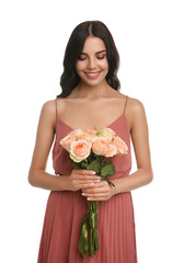 Portrait of smiling woman with beautiful bouquet on white background