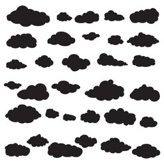 Black cartoon clouds set isolated on white background. Collection of different cartoon clouds for background template, wallpaper and sky design. Cartoon clouds vector. Sky illustration