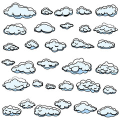 White cartoon clouds set isolated on white background. Collection of different cartoon clouds for background template, wallpaper and sky design. Cartoon clouds vector. Sky illustration