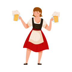 Young Woman in Dirndl Dress Holding Beer Mugs Vector Illustration