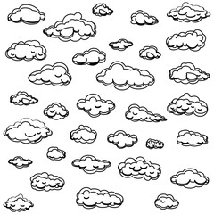 White cartoon clouds set isolated on white background. Collection of different cartoon clouds for background template, wallpaper and sky design. Cartoon clouds vector. Sky illustration