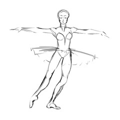 A Young Ballerina. Freehand Drawing of a Ballet Dancer Girl. Vector Illustration of a Dancing Woman. Monochrome Sketch of a Dancing Jump. Classical Choreography Style. Free Hand Draw. Realistic Style.