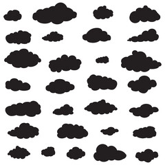 Black cartoon clouds set isolated on white background. Collection of different cartoon clouds for background template, wallpaper and sky design. Cartoon clouds vector. Sky illustration