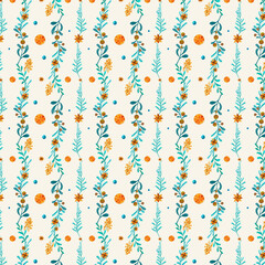 Blue leaves with berries seamless pattern background.
