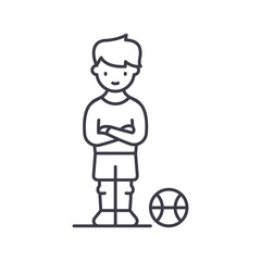 Boy with ball icon, linear isolated illustration, thin line vector, web design sign, outline concept symbol with editable stroke on white background.