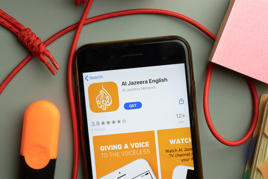 New York, United States - 7 November 2020: Al Jazeera English app store logo on phone screen, Illustrative Editorial