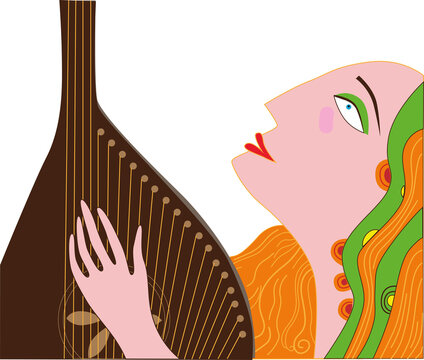 woman playing brown bandura, orange hair clip art preview