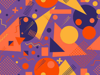 Obraz premium Seamless pattern with geometric shapes in the style of the 80s. Multicolored vintage background with triangles, circles and squares for brochures, banners and wrapping paper. Vector illustration