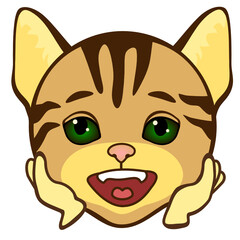 happy smiling cat daydreams while propping his head up with hands, simplistic facial expression vector illustration, simple hand drawn emoticon, funny cartoon character