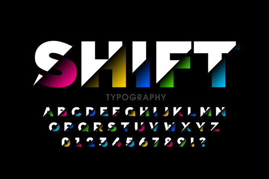 Shifted font modern colorful font design, alphabet letters and numbers vector illustration