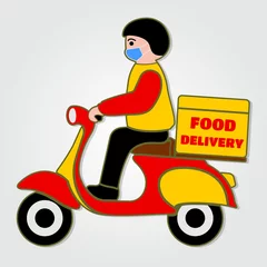 Foto op Plexiglas Delivery Boy in protective masks Ride Motor Scooter. Safe Food Delivery icon isolated. Vector illustration. © zfmbek