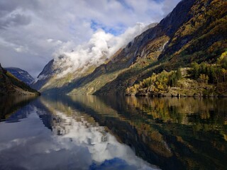 Naklejka na ściany i meble View on the fjord near Njardarheimr Norway at autumn