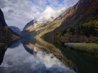 Naklejka na ściany i meble View on the fjord near Njardarheimr Norway at autumn