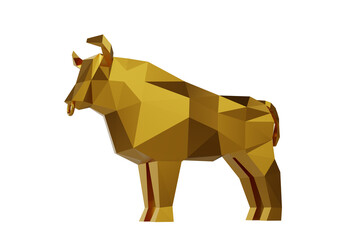figurine of a simplified polygonal Golden Bull isolated on white, symbol of the new year 2021, 3d render
