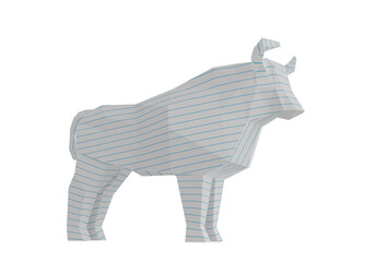 Statuette of a simplified polygonal Ruled Paper Bull, folded paper animal figurine, a symbol of the new year 2021, 3d render