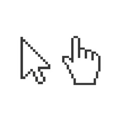 Pixel computer pointer, hand with forefinger, arrow, vector illustration isolated on white background