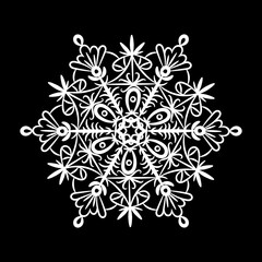 White snowflake on black. Hand drawn snowflake isolated on black background. 