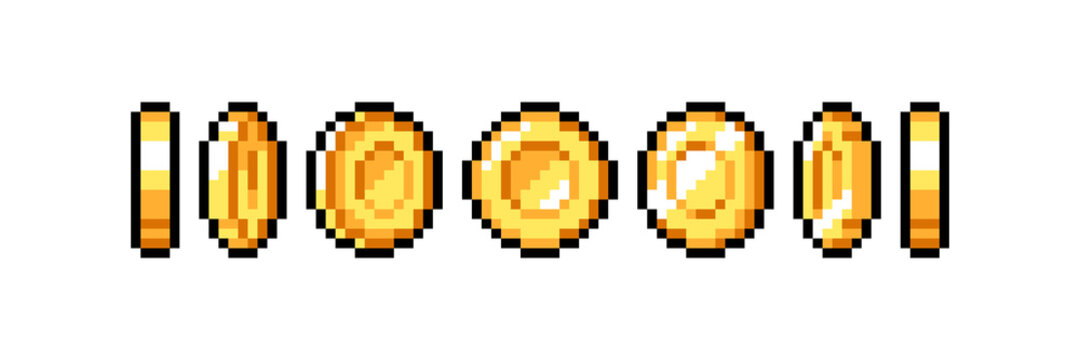 Set of 8-bit pixel graphics icons. Isolated vector illustration. Game art. Coins of gold for animation