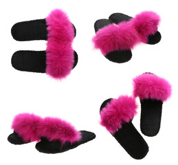 Collage with fluffy slippers on white background