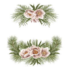 Christmas Frame With Pine branches And Flowers